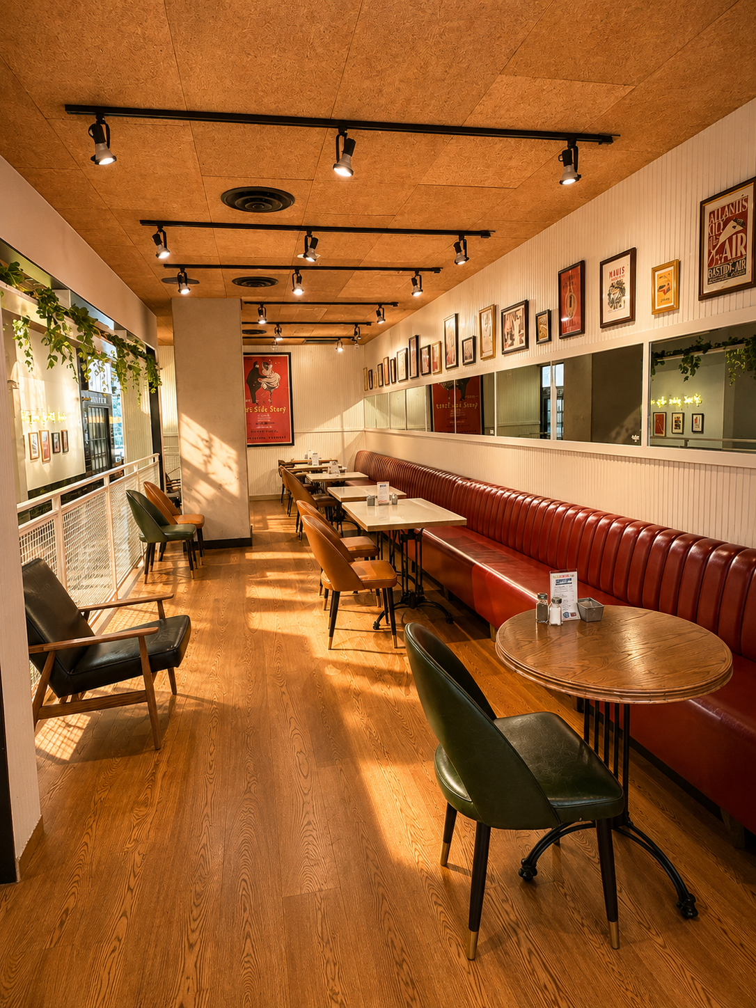 Private dining room at Cafe Landwer with red banquette and gallery wall