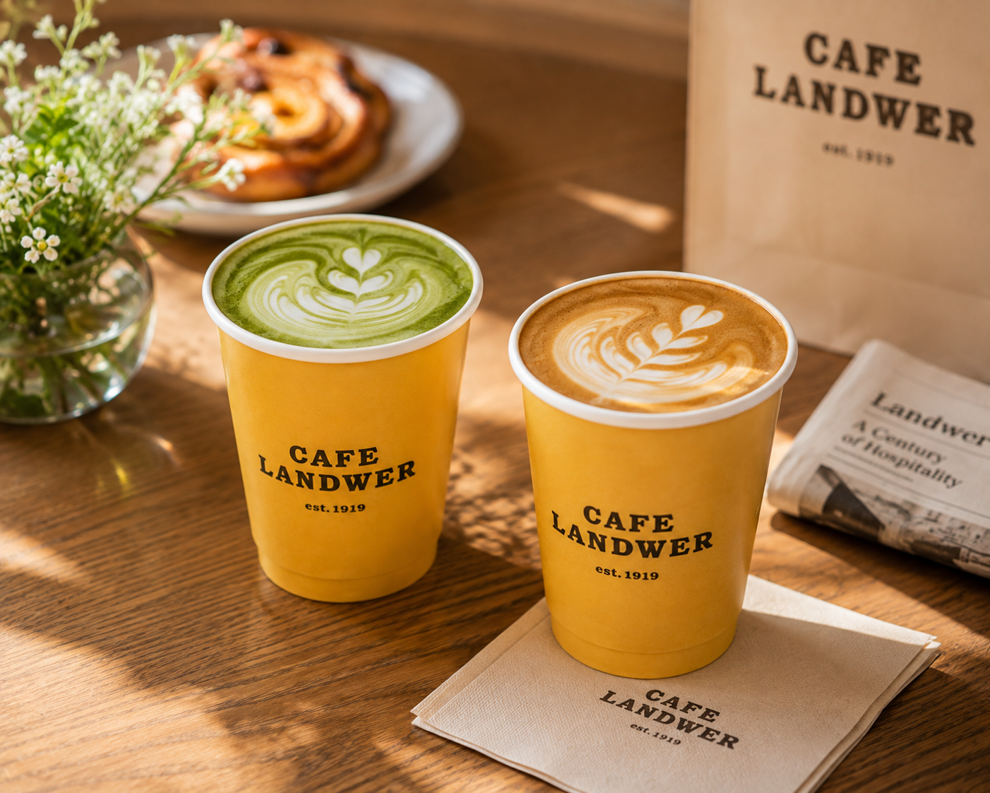 Iced matcha and a handcrafted cappuccino served side by side at Cafe Landwer