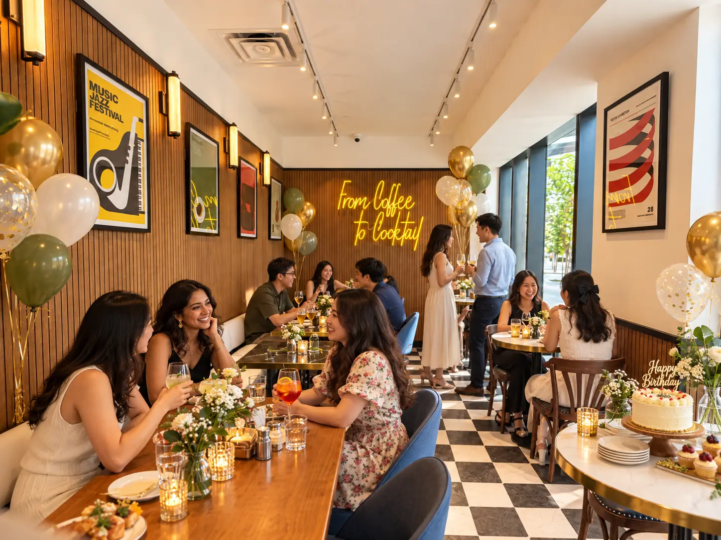 Guests celebrating with balloons and a birthday cake under the From Coffee to Cocktail neon sign