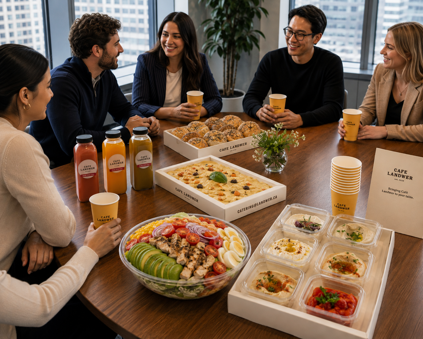 An office boardroom catering spread with sandwiches, salads, and coffee