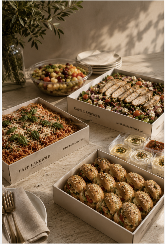Mediterranean catering spread on a long table